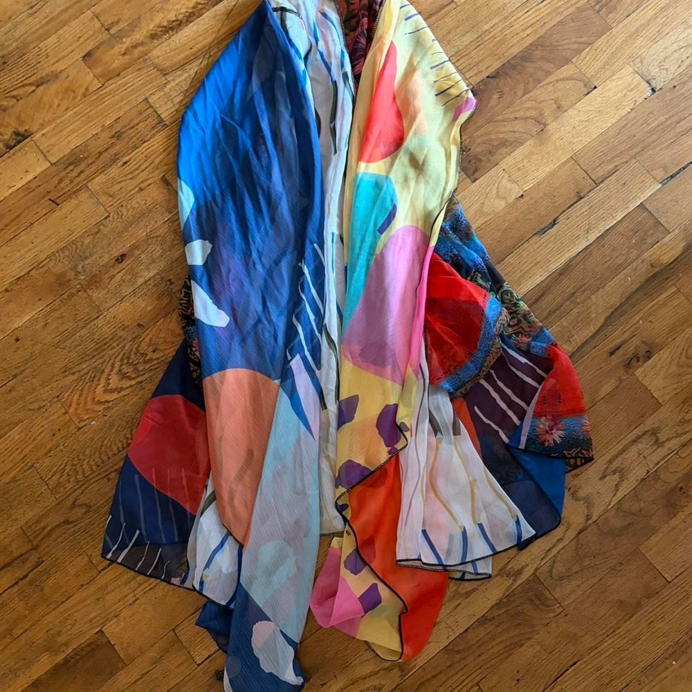 Radzoli shawl with abstract multicolored shapes in blue, pink, yellow, and red
